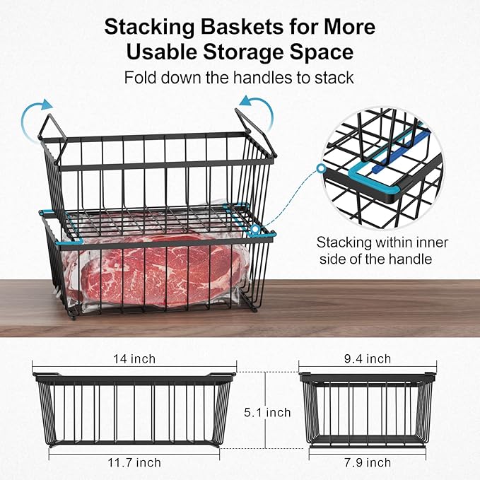 iSPECLE Chest Freezer Organizer Bins - 8 Pack Stackable Freezer Organizer for 5 to 7 Cu.Ft Freezer and Upright Freezer Over 8.5 Cu.Ft, Easy Get Food from Bottom, Add Extra Storage Space, Black
