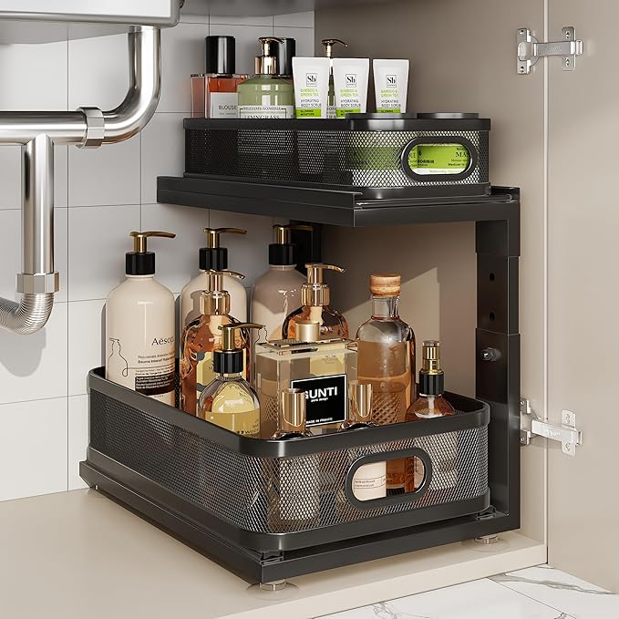 1 Pack 15.5IN-Depth Under Sink Organizer With Next-Gen Ball-Bearing Slides,2-Tier Precision Mesh Pull Out Cabinet Storage for Bathroom&Kitchen,Height Adjustable Drawers Shelf,Anti-rust-Black