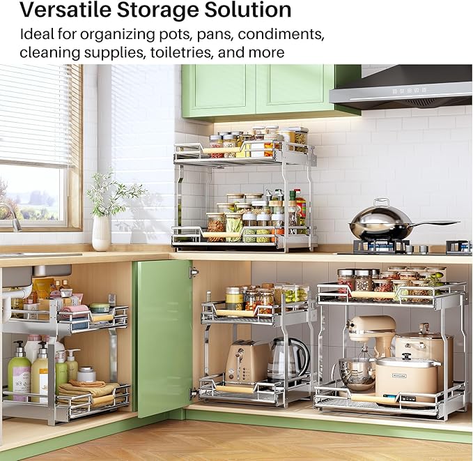 Kitstorack Pull out Cabinet Organizer,2 Tier Heavy Duty Smooth Sliding Under Cabinet Shelves for Pots and Pans,Roll out Drawers with Thickened Chrome Plating(23" W X 21" D)