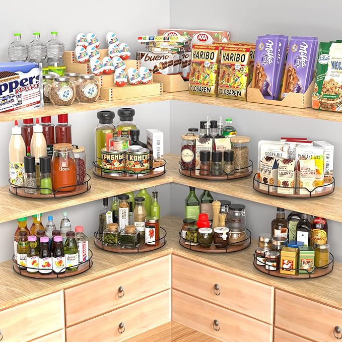 Lazy Susan Turntable Organizer for Cabinet Pantry Kitchen Countertop Refrigerator Cupboard, Pine Wood, 12", Brown