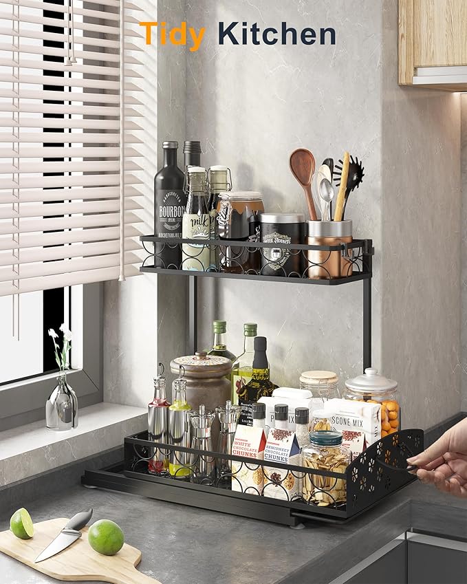 2 Pack Under Sink Organizer, Adjustable Height Metal Under Kitchen Cabinet Organizer, 2-Tier Sliding Shelf Storage, Multi-Use for Under Kitchen Bathroom Sink Organizers and Storage, Black