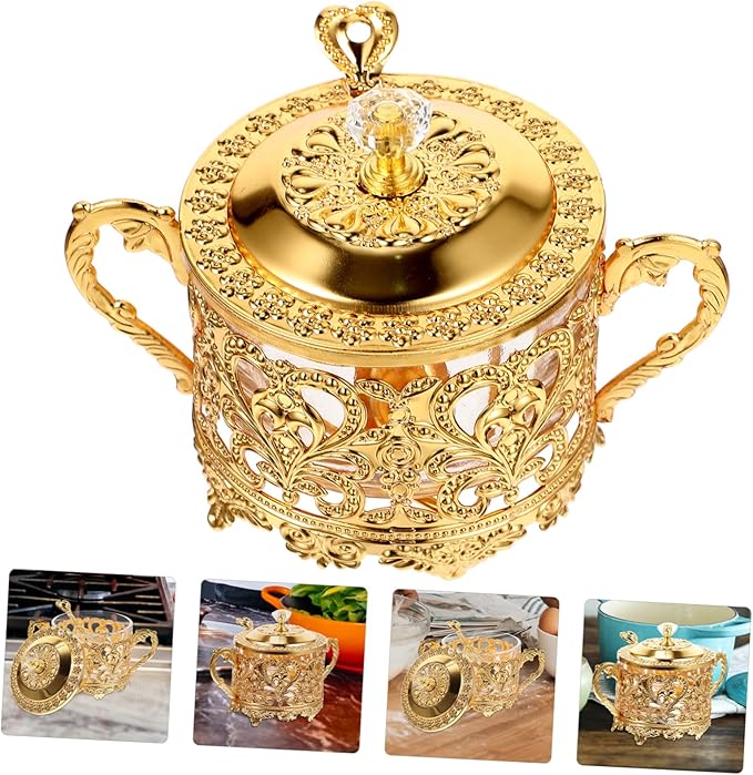 UPKOCH Turkish Sugar Bowl with Lid and Spoon Golden Iron & Glass Condiment Storage Jar - Vintage European Style Multi-Purpose Kitchen Canister for Coffee Bar, Wedding Party, Candy Cookie Honey Spice