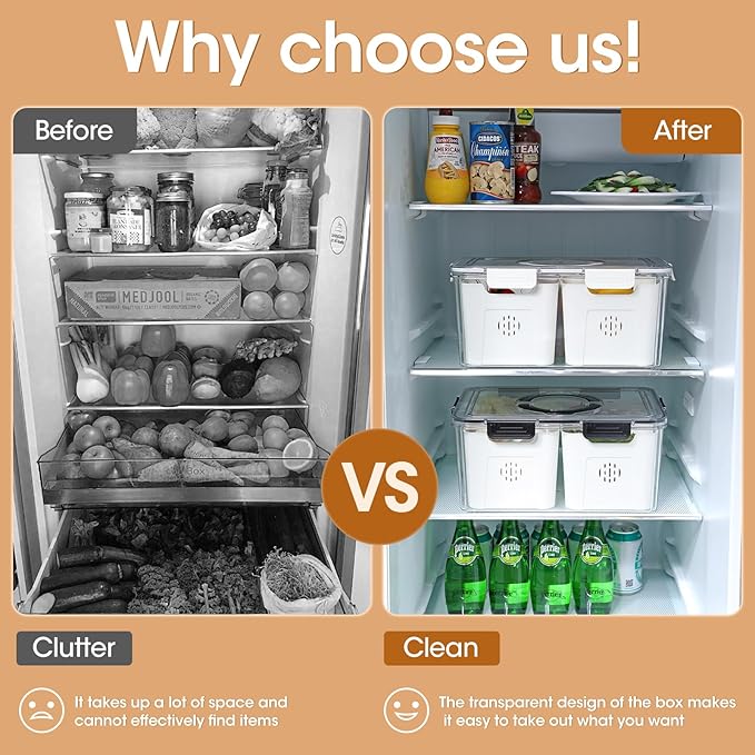 Large Airtight Fruit Storage Containers for Fridge with Lids & Handle, BPA-Free Food Storage Container, Kitchen Organizers and Storage, Organization and Storage, Refrigerator Oorganizers and Storage