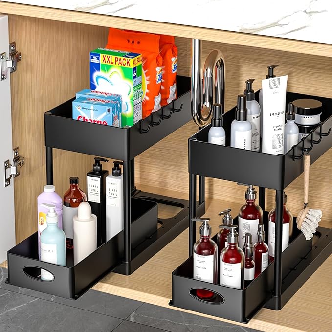 PUILUO Under Sliding Cabinet Basket Organizer, 2 Tier Under Sink Organizers Black Under Sink Storage for Bathroom Kitchen