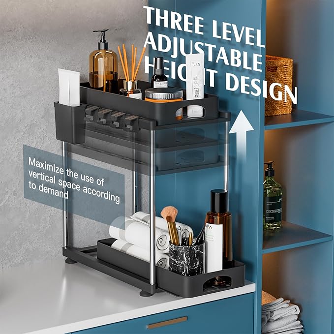 2 Pack Under Sink Organizer, 2 Tier Under Sink Organizers and Storage for Kitchen Bathroom, Height Adjustable Cabinet Organizer with Two Slide-Out Drawers,Black