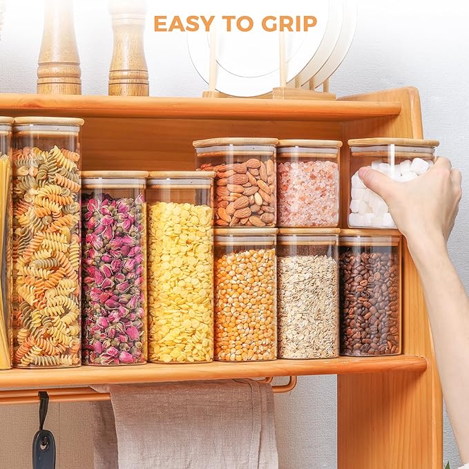ComSaf 37oz Rectangle Glass Storage Containers with Lids, Glass Jars with Bamboo Lids, Clear Food Storage Jar, Sugar Coffee Containers, Pantry Container for Pasta Tea Candy Nut