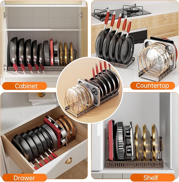 MUDEELA Pots and Pans Organizer under Cabinet, Expandable Pan Organizers inside Cabinet with 12 Adjustable Dividers, Kitchen Cabinet Organizers and Storage for Cutting Board, Cast-iron Pan