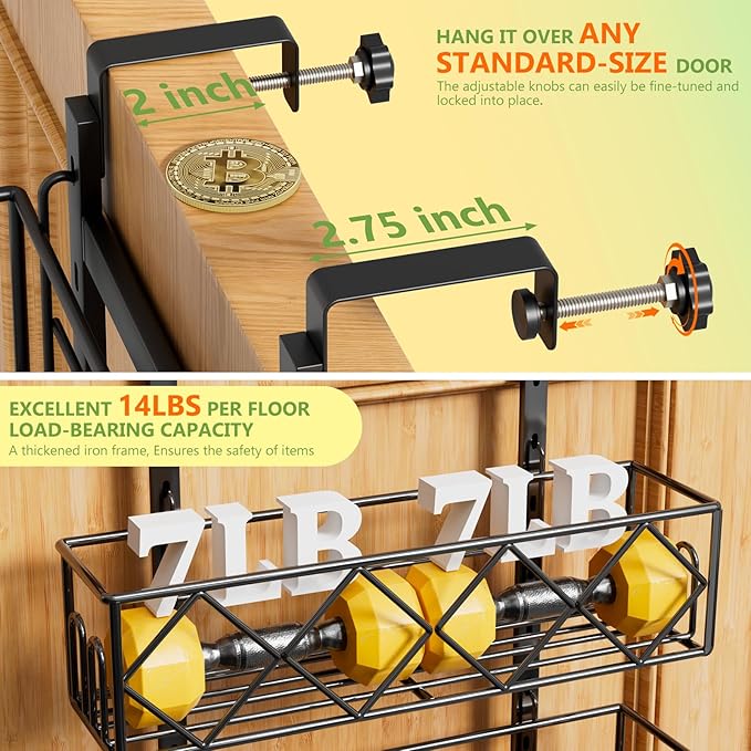 Over the Door Pantry Organizer 8-Tier Adjustable Baskets Hanging Spice Door Rack Narrow - 13.78" W x 65.16" H Behind the Door Storage for Kitchen, Bathroom, and Closet Organization- Black