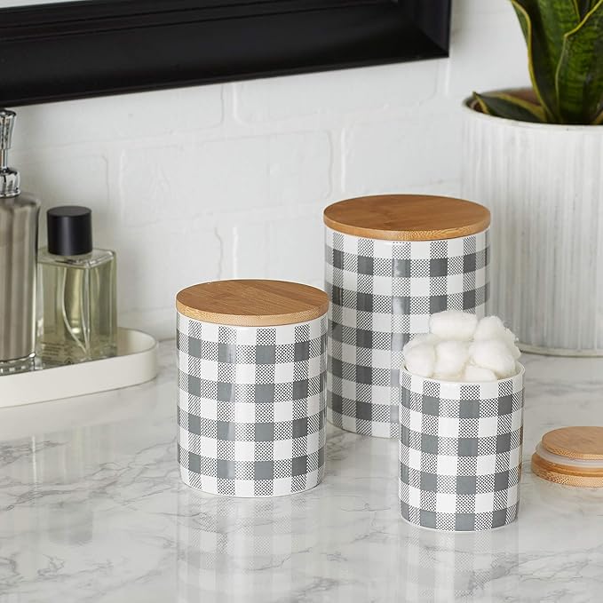 DII Ceramic Canister Sets for the Kitchen Food Safe Storage Containers with Lids, Large, Medium & Small, Buffalo Check, Gray & White, 3 Count