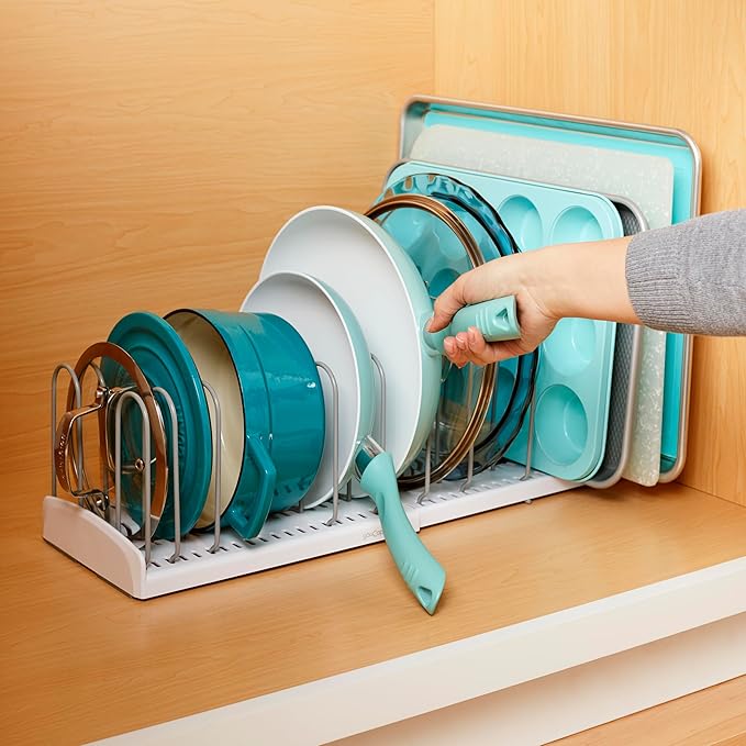 YouCopia StoreMore Expandable Pan and Lid Rack, Adjustable Pot Lids and Pans Organizer for Kitchen Storage, 12.5”-22” Wide