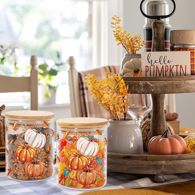 3Pcs Fall Thanksgiving Glass Storage Jars with Airtight Bamboo Lids 17oz Autumn Leaves Pumpkins Clear Food Storage Canisters for Home Kitchen Countertop Decoration