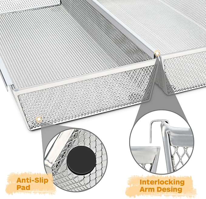 Flatware Organizer with Interlocking Arm (Grey) - 2 Pack 14.7" X 6.1" X 2" Utensil Drawer Organizer