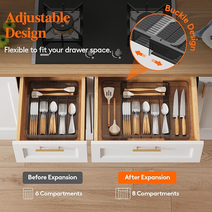 Lifewit Silverware Organizer for Kitchen Drawer, Expandable Utensil Tray for Spoons Forks Knives, Adjustable Flatware Cutlery Holder Storage, Large, Black