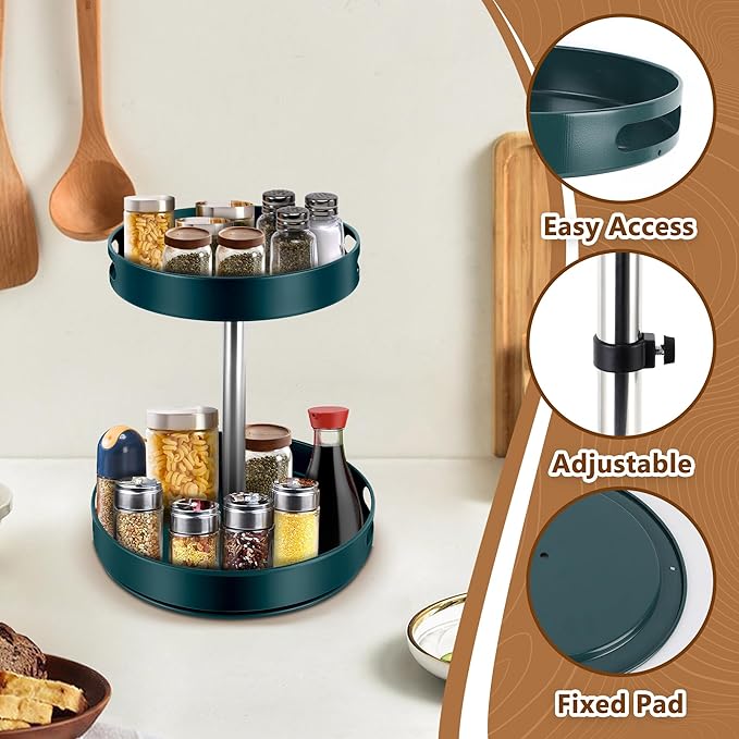 Rack Lazy Susan Organizer, 2 Tier Height Adjustable Rotating Lazy Turntable Organization for Cabinet Kitchen Table Pantry Countertop Refrigerator Cupboard Storage(Green, 12 inch)