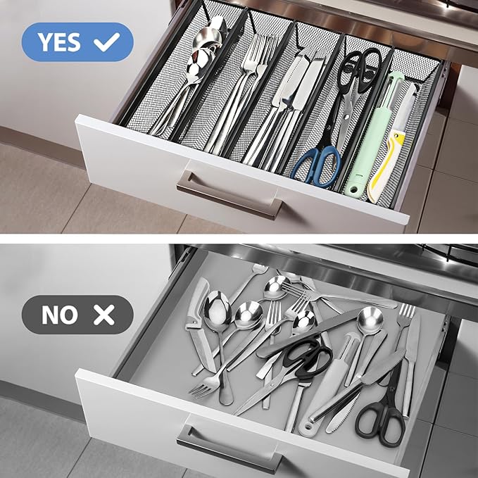 Silverware Organizer, Silverware Drawer Organizer, 6 Pack Cutlery Drawer Organizer, Utensil Organizer, Utensil Drawer Organizer, Cutlery Holder with Interlocking Arm (Black, 9.6 * 3 * 2 Inches)