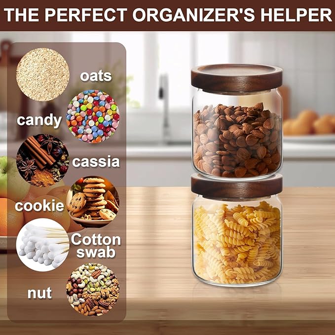 16oz Glass Airtight Food Storage Jars with Acacia Wood Lid - Kitchen Canisters for Coffee,Tea,Sugar,Spices,Herbs,and Candy - Airtight,Eco-Friendly, and Stylish for Pantry or Countertop (4PCS)