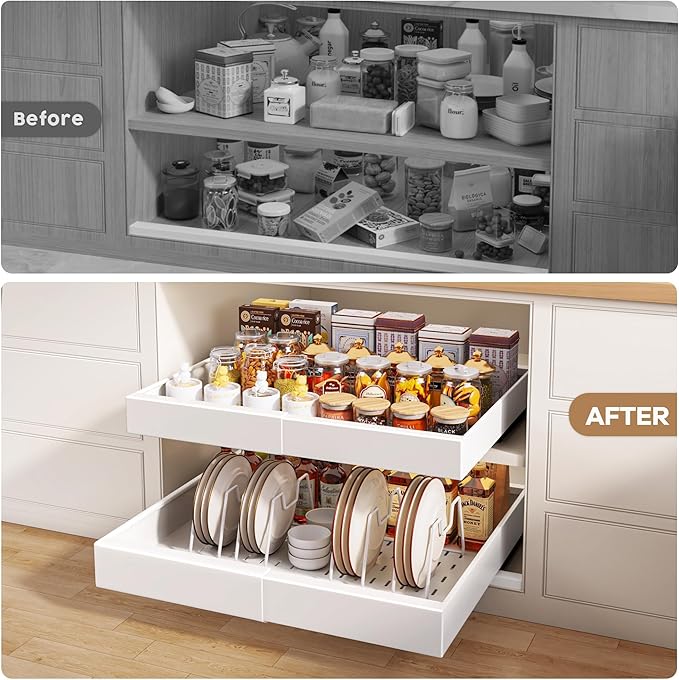 2 Pack Pull out Cabinet Organizer 21"Deep With Raising Pad for Framed Cabinets, Expandable Slide out Drawers for Kitchen Cabinets with 4pcs Divider Racks, Roll out Shelves 12.1"-20.4" W White