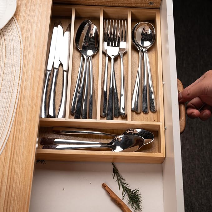 Silverware Organizer Bamboo Kitchen Drawer Organizer Kitchen Utensil Organizer with 5 Slots Flatware Organizer Tray for Kitchen, Flatware, Utensils(Natural)