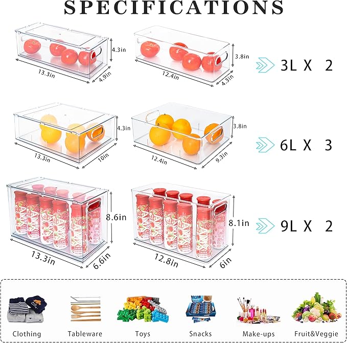 Mano Stackable Fridge Drawers Pull Out Bins with Handle Clear Refrigerator Drawers Organizer Food Storage Container Box with Dividers Plastic Produce Saver for Pantry, Cabinet, Kitchen, Clothes(7Pack)