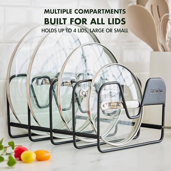 GreenPan Stainless Steel Wire Pots and Pans Lid Storage Rack, Holds 4 Lid Covers, Easy Storage, Countertop or Cabinent Organizer, Minimizes Clutter, Fast Drying, Wipes Clean, Black
