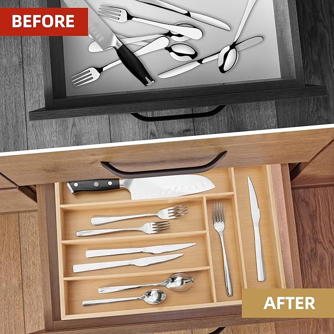Silverware Organizer Kitchen Drawer Organizer Utensil Organizer Bamboo Silverware Holder Cutlery Organizer in Drawer Flatware Organizer Tray(6 slots, Natural