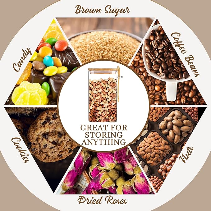 1500ML Brown Sugar Keeper, Glass Storage Containers with Bamboo Lids and Spoon, Airtight Clear Glass Jars Canister for Pasta, Nuts, Coffee Beans(Include 5 Brown Sugar Savers)
