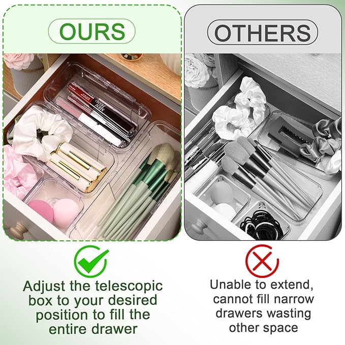10 Pcs Clear Drawer Organizer, Adjustable Storage Bins (3 Sizes), Desk and Dresser Organizers for Makeup, Cosmetics, Kitchen Utensils, Bedroom, and Gadgets