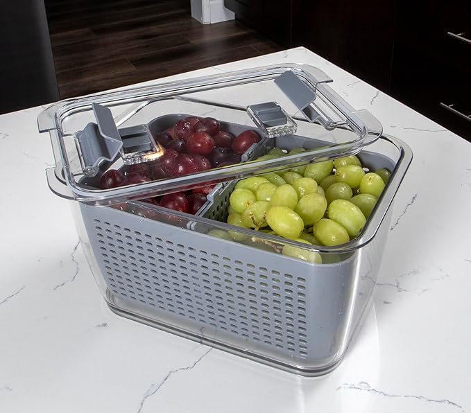 Kitchen Spaces Colander Bin, Produce Saver, Fridge Organizer With Lid, Wash, Strain and Store, Great for Refrigerator, Freezer and Pantry, Large, Gray, Pack of 1