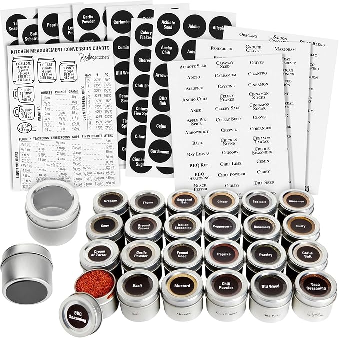 Talented Kitchen Magnetic Spice Jars for Refrigerator – 3oz Metal Magnetic Spice Tins w/Sift & Pour Lids (24 Jars, 269 Preprinted Labels, 2 Blank Label Designs)