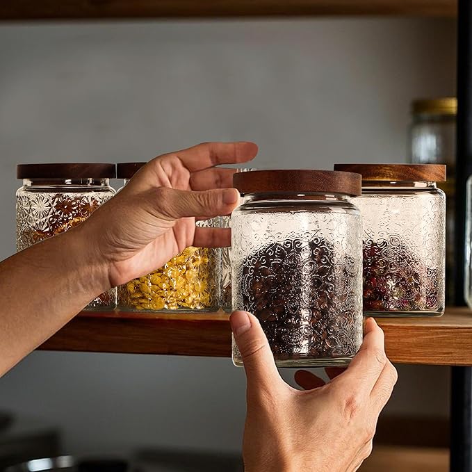 6 Pack 24oz Vintage Glass Jar with Wooden Lid – BPA-Free, Airtight Food Storage Canister for Kitchen Counter, Pantry, Coffee, Sugar, Spices & Dry Foods