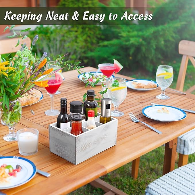 DRASTAR Silverware Caddy, Wooden Utensil Holder, Picnic Cutlery Holder,Retro White Silverware Holder, Plastic Silverware Caddy for Party, Countertop, Camping