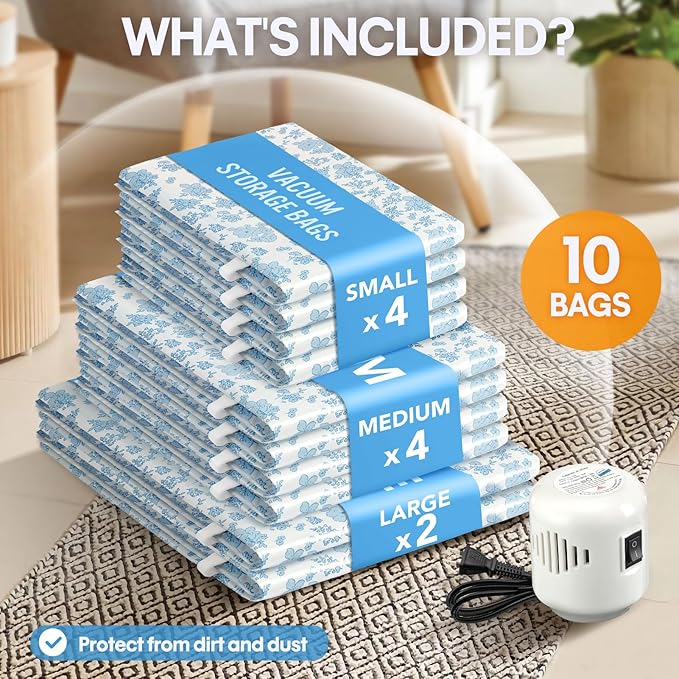 10 Pack Travel Vacuum Storage Bags with Electric Pump, 2 Large + 4 Medium + 4 Small Vacuum Sealer Bags, 80% Space Saver Bags for Luggage, Comforters and Blankets, Travel Essentials(Blue Flowers)