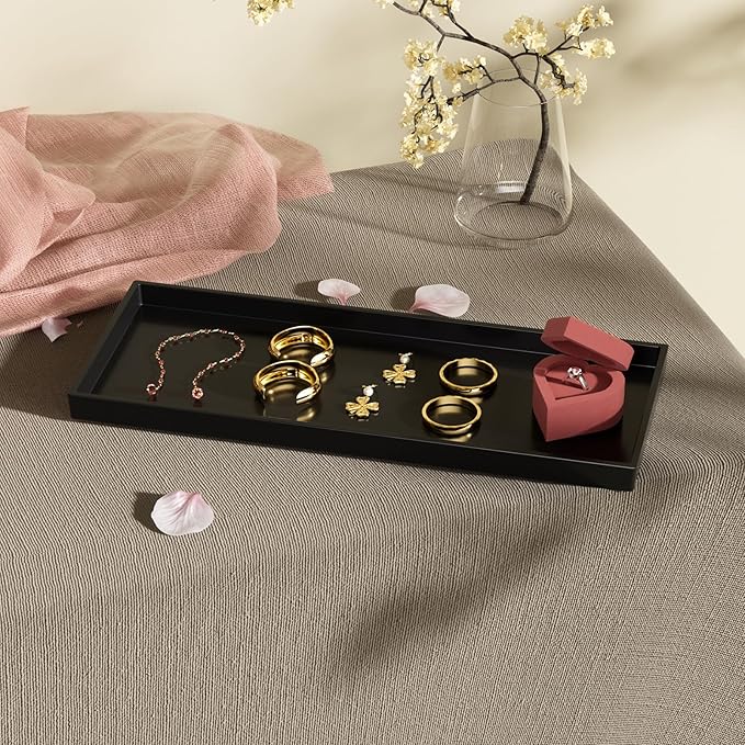 Vanity and Bathroom Tray, 15" ABS Countertop Organizer,Waterproof Vanity Tray for Toilet Tank,Perfume,Soap,Keys,Bathroom Accessories,Kitchen and Bath Trays,Non Slip Small Trays,Black,2 Pack