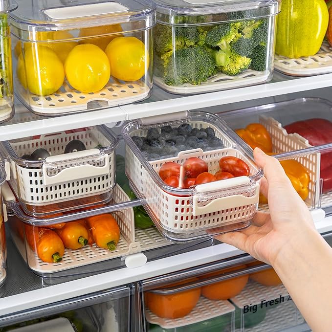 Felli Duo Fresh Produce Saver, ALL IN ONE Veggie Fruit Basket for Fridge with Vent & Drain, Colander Strainer Tray, Kitchen Refrigerator Washing Bin for Berry Vegetable Storage Container, Gifts