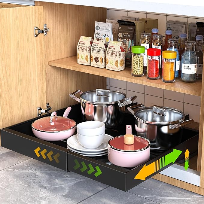 Pull Out Cabinet Organizer 21" Deep Expandable Slide Out Drawer Organizers,No Drill Pull Out Drawers Adhesive with Nano Compatible Framed Cabinets Shelves for Kitchen Pantry Adjustable Width