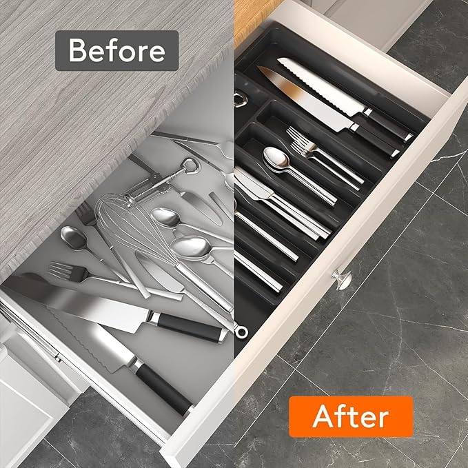 silverware drawer organizer, expandable silverware storage, utensil organizer, durable plastic cutlery storage box for forks, spoons, and knives - kitchen essentials for new home (black)