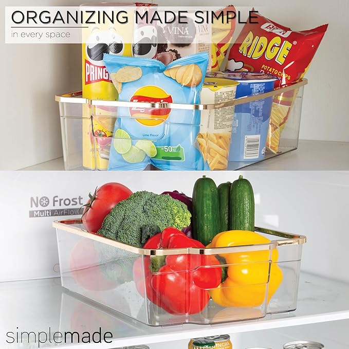 SIMPLEMADE Clear Refrigerator Organizer Bins - Clear Bins for Fridge, Containers for Fridge and Freezer, Multipurpose Storage for Kitchen, Office, Bathroom, Gold Rim (8" x 12")