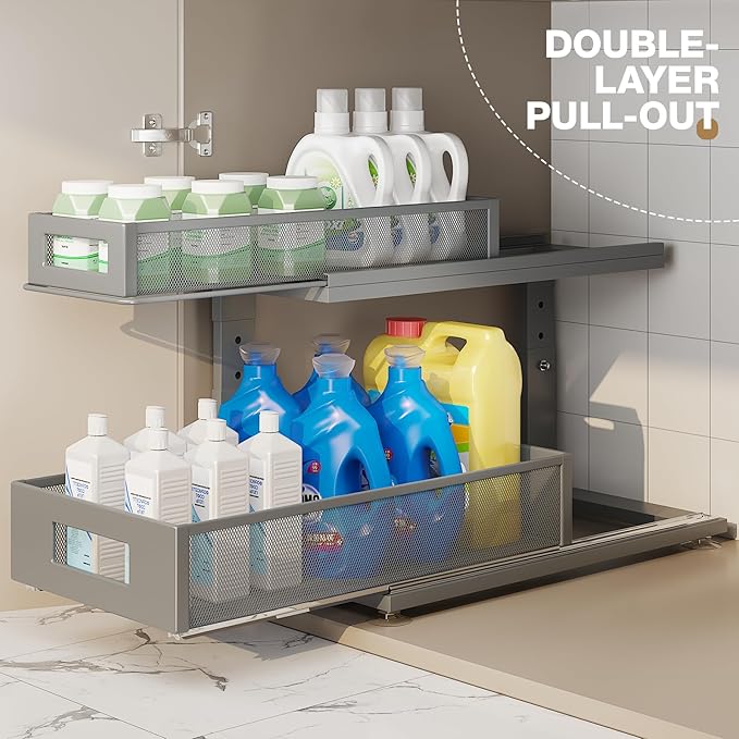 2 Pack 18.5IN-Depth Under Sink Organizer With Next-Gen Ball-Bearing Slides,2-Tier Pull Out Cabinet Storage,Height Adjustable Drawer Shelf for Bathroom,Kitchen,Laundry,Cabinet,Pantry-Gun Gray