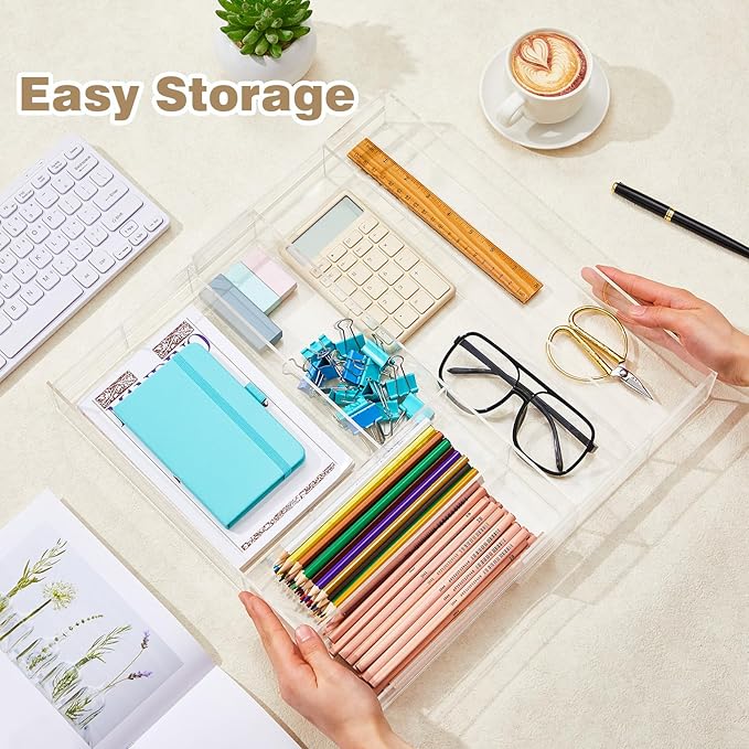 1 Pcs Acrylic Drawer Organizer Maximum 15 x 18 x 2 Inch Expandable Drawer Organizer Pens Notebook Ruler Makeup Tray with 7 Adjustable Compartments for Desk Office Kitchen Bathroom (Clear)
