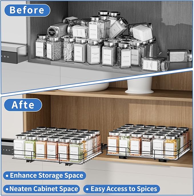 Spice Rack Organizer for Cabinet, Pull Out Spice Rack for Cabinet, Seasoning Organizer for Kitchen and Pantry, Fits Spices, Sauces, Canned Food (12.5''Wx10.5''Dx2.5''H)