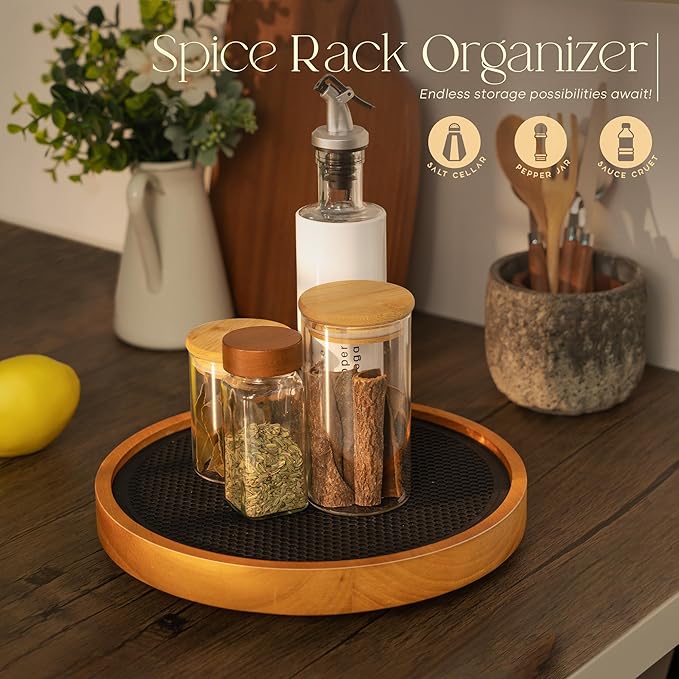 Wood Non-Skid Lazy Susan Organizer Turntable with Rubber Mat – 10.5" Lazy Susan Turntable for Cabinet, Table Top, Pantry & Kitchen Sink - Effortless Organization and Storage Solution (Light Brown)