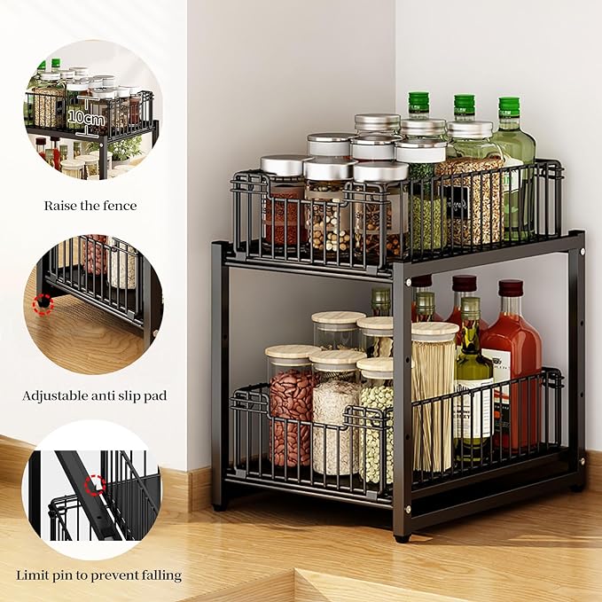 Under Sink Organizer, 2-Tier Pull Out Cabinet Organizer, Kitchen Bathroom Organizer and Storage, Spice Rack for Kitchen, Multi-use Sliding Drawers Shelves (1 Pack)