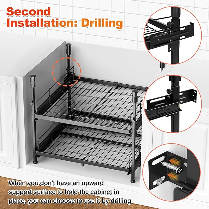 Adjustable 2-Tier Pull Out Cabinet Organizer, Expandable 13"-21" Wide, No-Drill Kitchen Cabinet Organizer for Pots and Pans, Smooth Slide-Out Shelves for Under Cabinet Storage – 21" Deep, Black