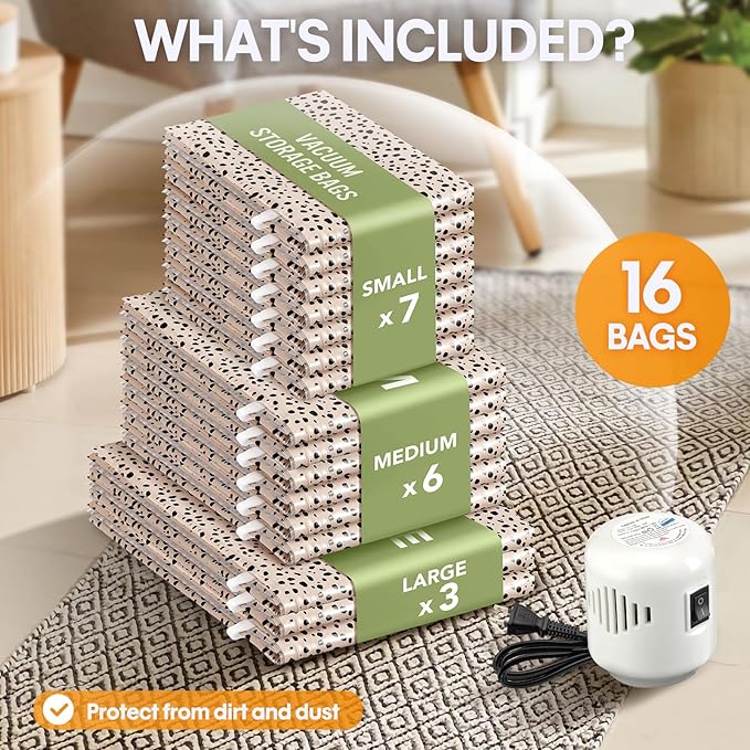 16 Pack Travel Vacuum Storage Bags with Electric Pump, 3 Large + 6 Medium + 7 Small Vacuum Sealer Bags, 80% Space Saver Bags for Luggage, Comforters and Blankets, Travel Essentials(Beige Leopard)