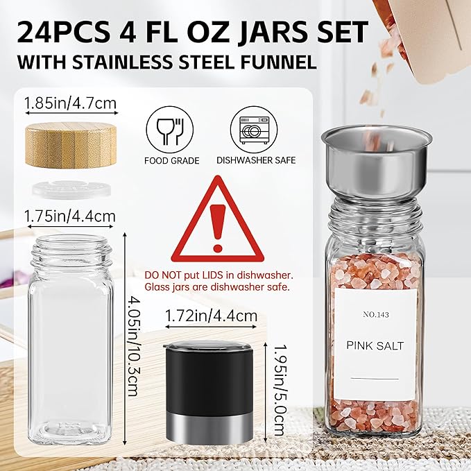 Spice Jars, 24 Pcs 4oz Seasoning Jars with Label, Glass Jars with Bamboo Lids, Spice Containers Bottles with Pepper Grinder & Stainless Steel Funnel for Seasoning Organizer, Cabinet, Drawer