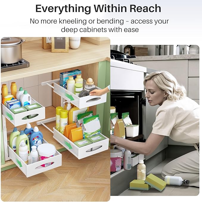 Under Sink Organizer, 2 Tier Pull out Cabinet Organizer Baskets with Mesh Sliding Drawers, Slide out Storage Shelf for Home, Kitchen, Bathroom, Pantry, Office Cabinet(1 Pack, White)