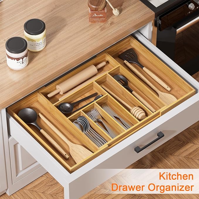 Bamboo Utensil Organizer for Kitchen Drawers, Utensil Tray and Cutlery Silverware Holder,Wood Drawer Dividers with 9 Slots