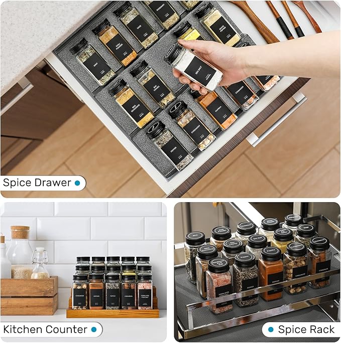 AOZITA 14 Pcs Glass Spice Jars with Black lids - 4oz Empty Square Spice Bottles and Spice Labels - Black Shaker Lids and Airtight Metal Caps - Silicone Collapsible Funnel Included