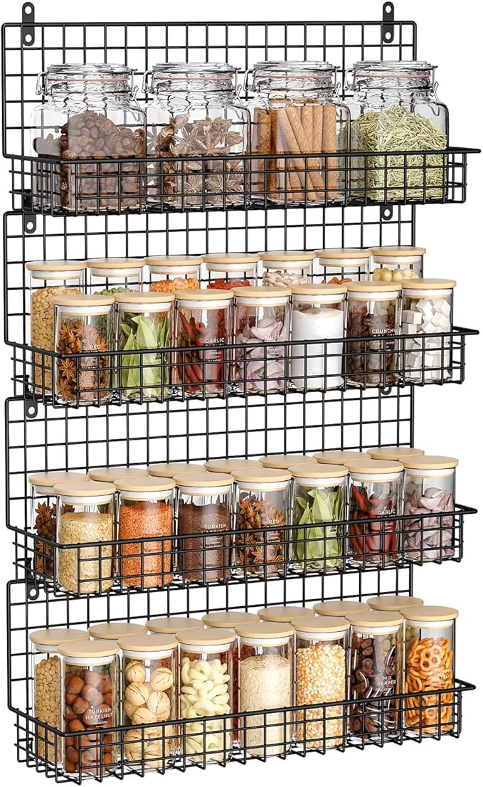 X-cosrack Spice Rack Organizer Wall Mounted 4-Tier Stackable Hanging Spice Storage Racks,Great for Kitchen and Pantry Storing Spices, Large with 5 Hooks, Up to Storage 80 Jars(Patent No.:D909138S)