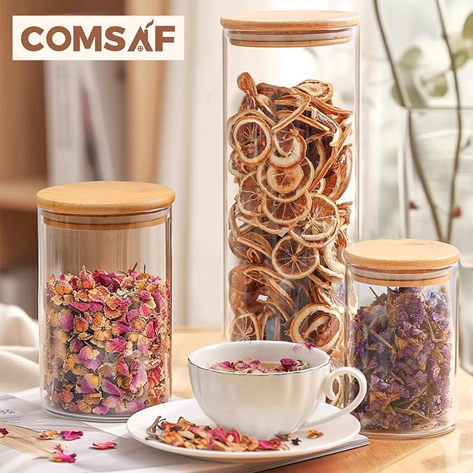 ComSaf Glass Food Storage Jars Set of 6, Clear Glass Storage Containers with Lids, Canisters Sets for the kitchen, Spaghetti, Pasta, Flour, Nuts, Oat, Coffee and Sugar Container, Pantry Organization